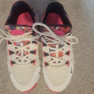 Nike Women's White Mesh Sneakers with Pink and Orange Accents